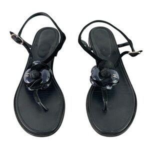 CHANEL Black Suede Navy Blue Camellia Thong Sandals Made in Italy 37.5C - 7.5US